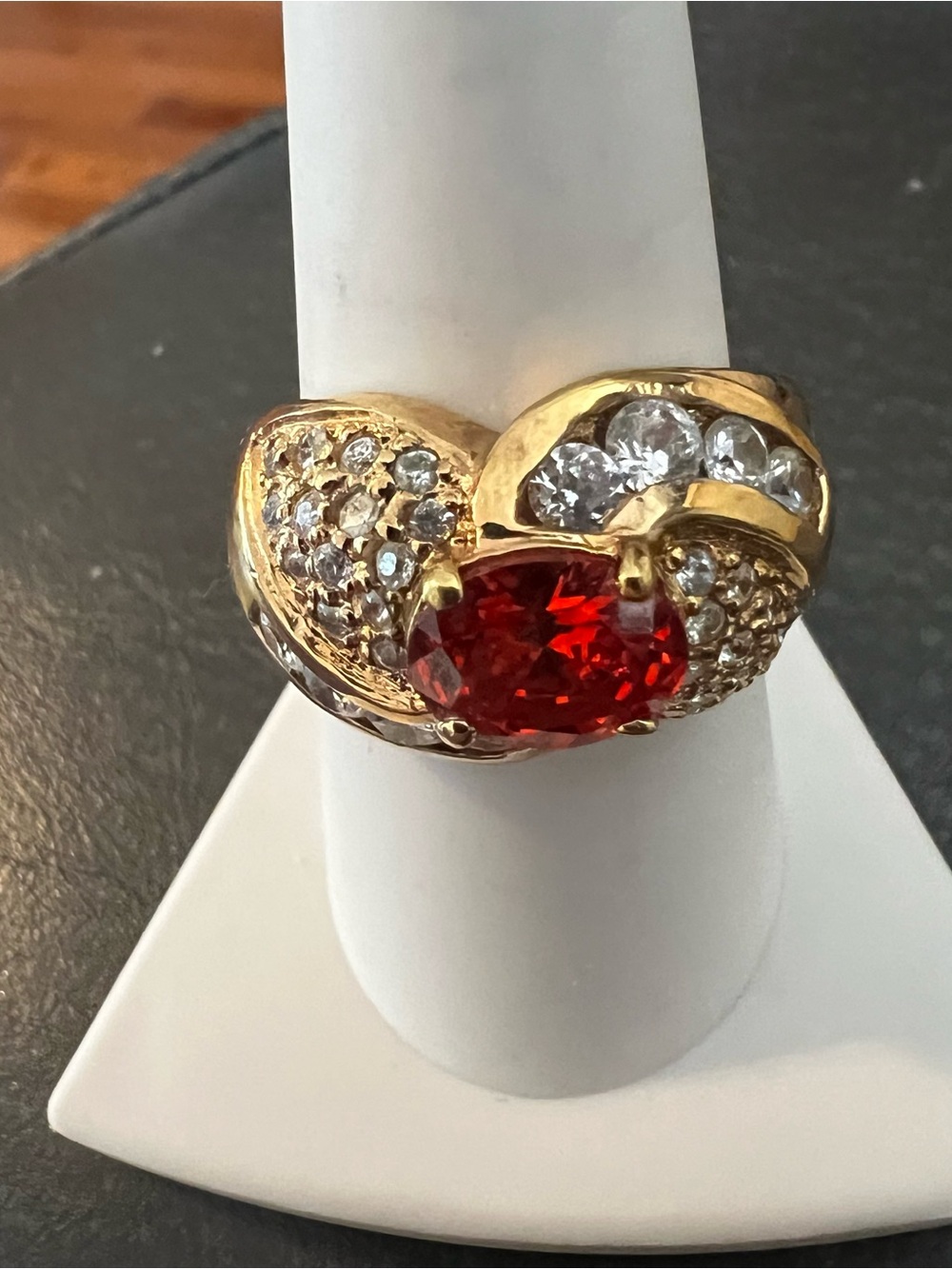 Gold-Tone zen Red Statement Ring with Clear Accents